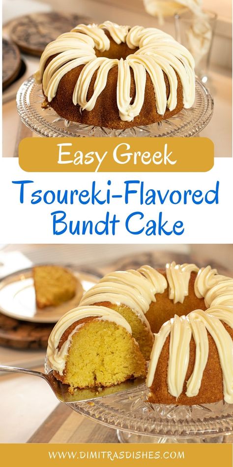 Moist & tender Tsoureki-Flavored Cake with Cream Cheese Icing Greek Party Food Desserts, Greek Easter Desserts, Greek Desserts Easy, Greek Baking, Bougatsa Recipe, Greek Easter Recipes, Easter Bundt Cake, Greek Easter Bread, Greek Cake