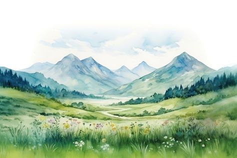 Mountain wilderness landscape grassland. AI generated Image by rawpixel. | premium image by rawpixel.com Watercolor Hills Landscapes, Watercolour Mountains Landscapes, Painting Ideas Horizontal, Watercolor Background Landscape, Meadow Drawing, Grassland Painting, Watercolour Mountains, Watercolour Painting Landscape, Valley Watercolor