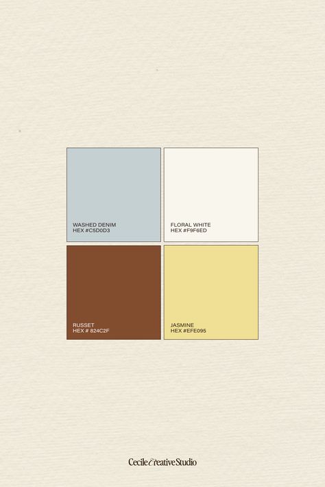 4-tone colour palette of modern yet nostalgic tones created for a sustainable denim brand. Washed Denim Blue, Floral White, Russet Brow, Jasmine Yellow. We are a brand and marketing studio specialising in creating meaningful brand designs and experiences for expanding small businesses. #colourpalette #branding #colorpaletteinspo #pastel Yellow Blue Interior Design, Eggshell Blue Color Palette, Blue Yellow Cream Color Palette, Eggshell Color Palette, Pastel Yellow Color Combination, Light Yellow Colour Palette, Blue White Yellow Color Palette, Muted Blue And Yellow Color Palette, Color Palette Four Colors