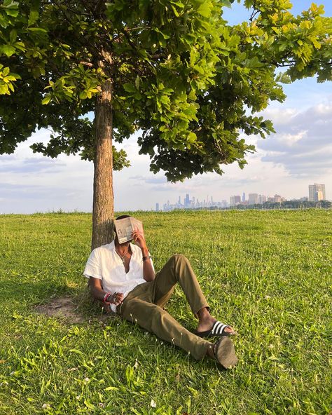 Reading A Book Under A Tree, Person Sitting Under Tree Drawing, Reading Under A Tree Aesthetic, Leaning Against Tree Pose, Relaxing Poses Reference, Person Reading Book Reference, Man Sitting Under Tree, Loner Vibes, Storybook Photoshoot