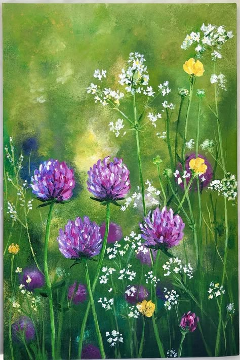 Painting Wild Flowers Acrylic, Clover Painting Acrylic, Fairy Garden Painting Acrylic, Acrylic Flower Painting Easy, Beginners Drawing Ideas, Flower Meadow Painting, Wild Flower Painting, Plastic Canvas Kits, Wild Flowers Painting