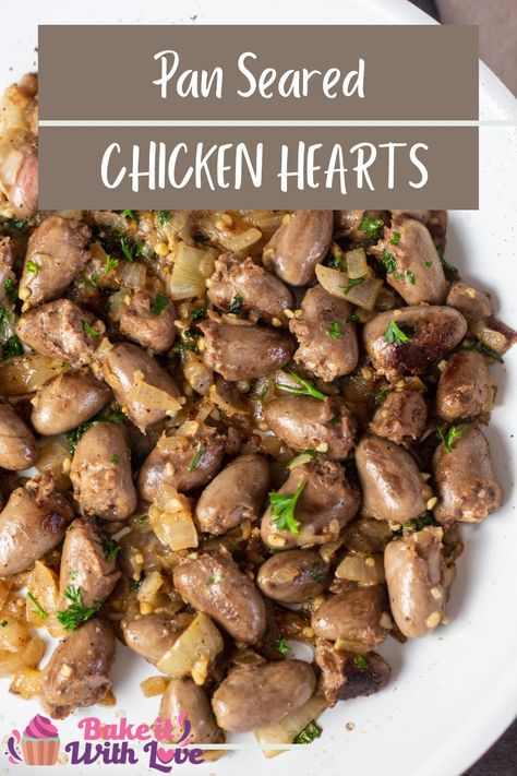 These chicken hearts are cooked with some onion and garlic and pan seared for a quick and easy meal! Chicken Hearts, Green Beans Side Dish, Chicken Heart, Pan Seared Chicken, Tofu Dishes, Healthy Weeknight Dinners, Dinner Dessert, Breakfast Dinner, Pan Seared