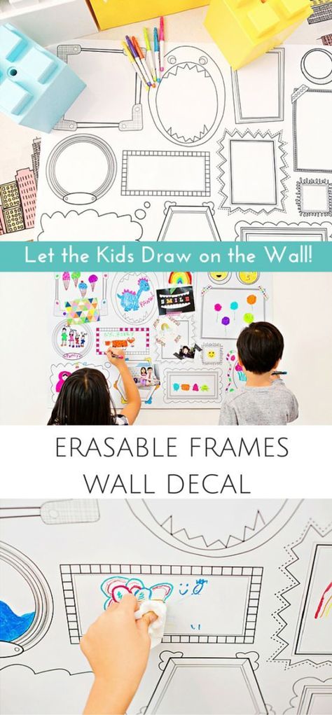 Erasable Wall Frames Decal That Lets Kids Draw on the Wall! This cool decal has whimsical frames that invite kids to doodle on a whim. Simply erase when you're done and draw again! Fun for the kids playroom, kids room, kids interior or birthday parties. | made by Plaeful Super Drawing, Frames Wall, Kids Create, Wall Frames, Kids Interior, Room Kids, Art Design Ideas, Kids Playroom, Kids' Room