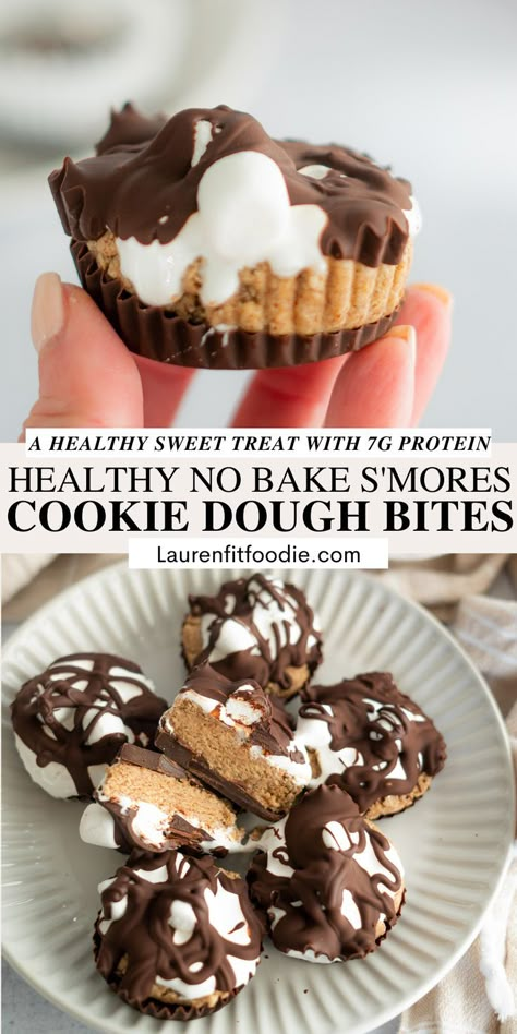 These No Bake S’mores Cookie Dough Bites combine one of my favorite flavor combinations with my favorite cookie dough dessert! They’re super easy to make in less than 15 minutes and they have 7 grams of protein per bite. The perfect sweet, healthy no bake treat any time of day! Cookie Dough Dessert, Cookie Dough Bites Recipe, Dessert Recipes Healthy, Healthy No Bake, Protein Baking, High Protein Desserts, Protein Treats, Cookie Dough Bites, Protein Desserts