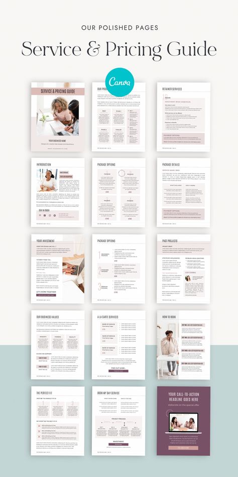 Service and Pricing Guide 5 – Our Polished Pages Best Canva Templates, Business Values, Client Welcome Packet, Ebook Template Design, Best Landing Page Design, Pricing Guides Templates, Business Model Canvas, Instagram Planner, Google Doc