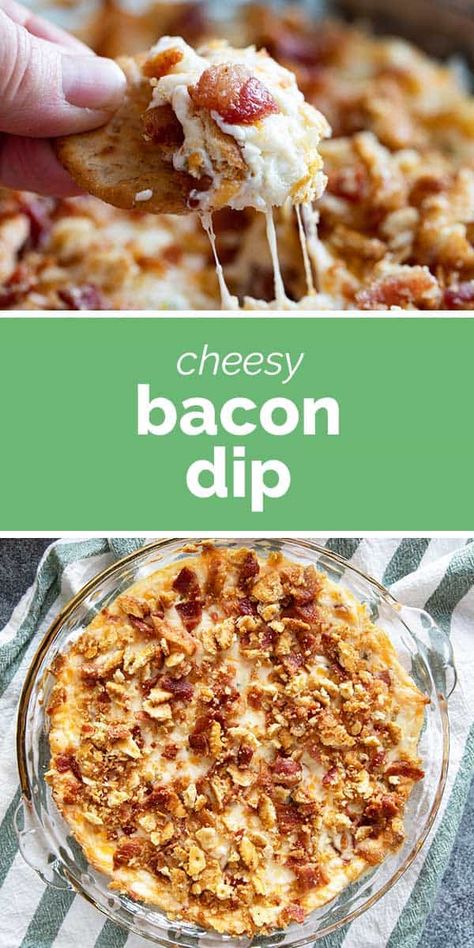 The perfect dip for parties or game day, this Cheesy Bacon Dip is filled with 3 kinds of cheese and bacon both in the dip and on top. Dip For Parties, Bacon Cheddar Dip, Cheesy Bacon Dip, Bacon Desserts, Cracker Toppings, Bacon Dip, Football Party Food, Kinds Of Cheese, Tailgating Recipes