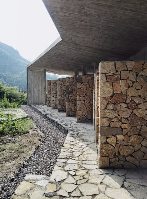 Tensile fabric stretches over bamboo walls at Raleigh Campsite in China Stone Wall Architecture, Architectural Textures, China University, Natural Architecture, Concrete Architecture, Design Institute, Stone Architecture, South China, Modern Houses