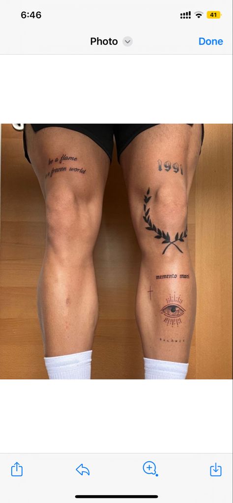 Men’s Quad Tattoo Ideas, Tatoo Legs Boy, Modern Leg Tattoo Men, Under The Knee Tattoo Men, Minimalist Thigh Tattoos Men, Quadriceps Tattoo Men, Mens Legs Tattoo, Small Legs Tattoo, Mens Quad Tattoo Ideas