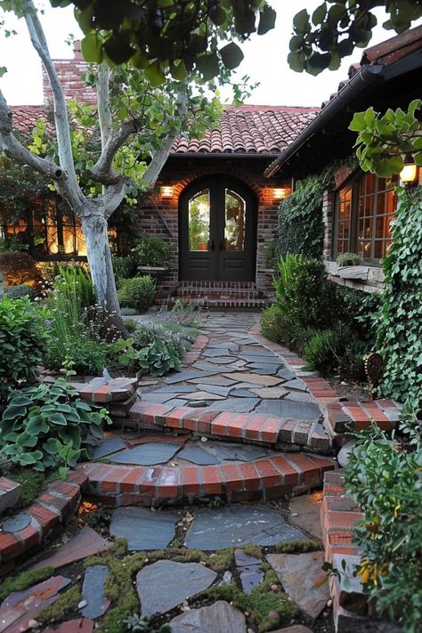 Brick And Stone Walkways To Front Door Blue Stone And Brick Patio, Stone Walkways To Front Door, Walkways To Front Door, Brick Sidewalk, Stone Walkways, Stone Paths, Landscape Stairs, Brick Walkway, Brick Patio