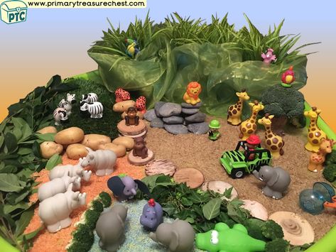 Safari - Jungle Animal Themed Small World Multi-sensory - Coloured Rice Tuff Tray Ideas and Activities Jungle Themed Tuff Tray, Jungle Small World Play, Monkey Puzzle Tuff Tray, Safari Tuff Tray Ideas, Jungle Tuff Tray Ideas, Lion King Play, Walking In The Jungle, Jungle Activities, Tuff Tray Ideas