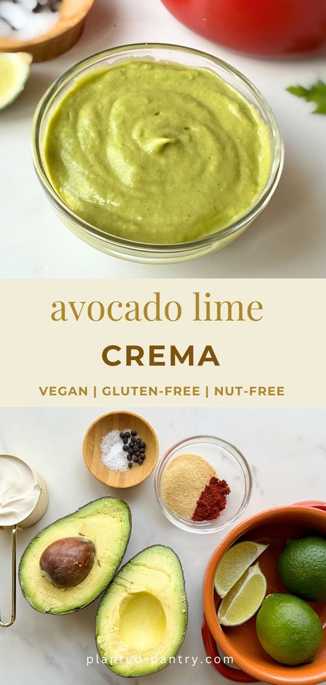 This Vegan Avocado Lime Crema is zesty, creamy, and totally dairy-free! Dairy Free Crema, Avocado Crema Dairy Free, Avocado Crema Vegan, Vegan Avocado Crema, Vegan Lime Crema, Vegan Crema, Avocado Lime Crema, Vegan Avocado Dressing, Dairy Free Tacos