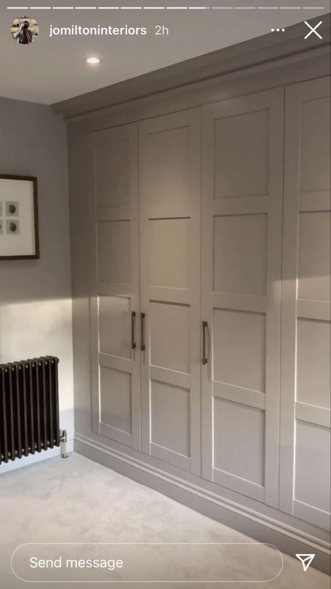 Panelled Storage Wall, Neutral Fitted Wardrobe, Moulding On Wardrobe Doors, Long Wall Of Built Ins, Built In Wardrobe Panelling, Whole Wall Wardrobe, Built In Wardrobe Renovation, Panelling Wardrobe Doors, Wardrobe Ideas Built In