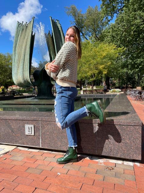 Green doc marten outfit Green stripes Sweater outfit #fitinspo #outfits Green Dr Martens Outfit, Green Doc Martens Outfit, Stripes Sweater Outfit, Green Doc Martens, Marten Outfit, Doc Martin Outfits, Green Dr Martens, Striped Sweater Outfit, Martens Outfit