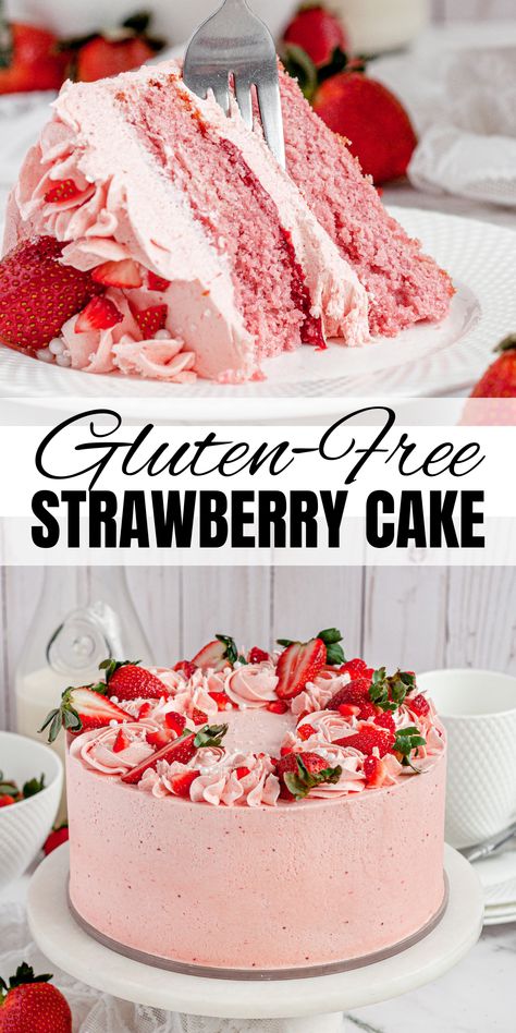 Fluffy gluten-free layers of real strawberry cake made with an easy strawberry reduction and covered in whipped strawberry frosting. This cake is pure strawberry delight. Gf Birthday Dessert, Dairy Free Cake Filling Recipes, Almond Flour Strawberry Cake, Gluten Free Dairy Free Cakes, Gluten Free Layer Cake, Gluten Free Bundt Cake Recipes, Dairy Free Strawberry Cake, Cake Recipes Gluten Free, Healthy Strawberry Cake