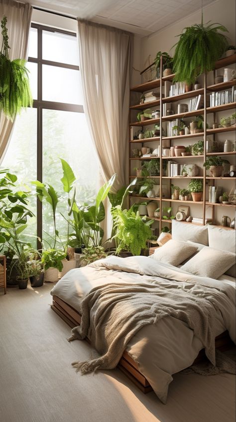 Big Bedroom Ideas Aesthetic, Couple Apartment, Botanical Bedroom, Bedroom Upstairs, Jungle Bedroom, Natural Bedroom, Brown Rooms, Earthy Bedroom, Jungle Room