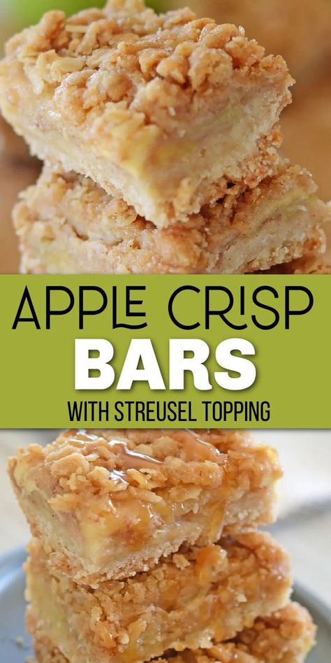 Squares of apple crisp bars with a streusel topping with Pinterest overlay. Apple Crisp Cookie Bars, Apple Crisp Stuffed Baked Apples, Recipe To Use Up Apples, Easy Fall Bar Recipes, Apple Crisp With Streusel Topping, Taste Of Home Apple Bars, Tinned Apple Recipes, 9x13 Apple Desserts, Holiday Bars And Squares