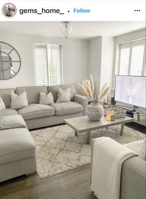 Lounge Looks Living Rooms, Grey Neutral Home Decor, Inn Tables Living Rooms, Beige Shaggy Rug Living Room, Light Grey Home Decor, White Gray And Beige Bedroom, Grey And Neutral Living Room Cozy, Simple Living Room Grey Couch, Cream Living Room With Grey Sofa