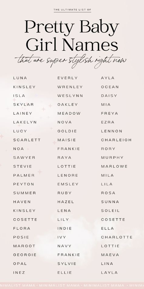 Searching for beautiful baby girl names - uncommon, unique baby names to add to your list? This list of two syllable girl names is full of cute baby names, modern girl names, vintage, old fashioned baby girl names and so much more - including a few unexpected ones! Two Syllable Girl Names, Girl Names Aesthetic, Cool Girl Names, Modern Girl Names, One Syllable Girl Names, Strong Girl Names