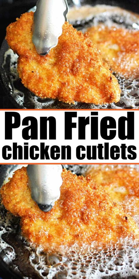 Crispy fried chicken cutlets - a family favorite recipe!  Learn how to make perfectly crispy cutlets, pan-fried or baked. #friedchicken #chickencutlets #crispychicken #familyrecipe #easyrecipe #dinnerideas Chicken With Flour Recipes, Fried Cutlets Chicken, Best Fried Chicken Cutlets, Breadcrumb Fried Chicken, Chicken Frying Pan Recipes, Easy Fried Chicken Cutlets, The Best Chicken Cutlets, Breaded Chicken Recipes Fried, Fried Chicken On Stove Top