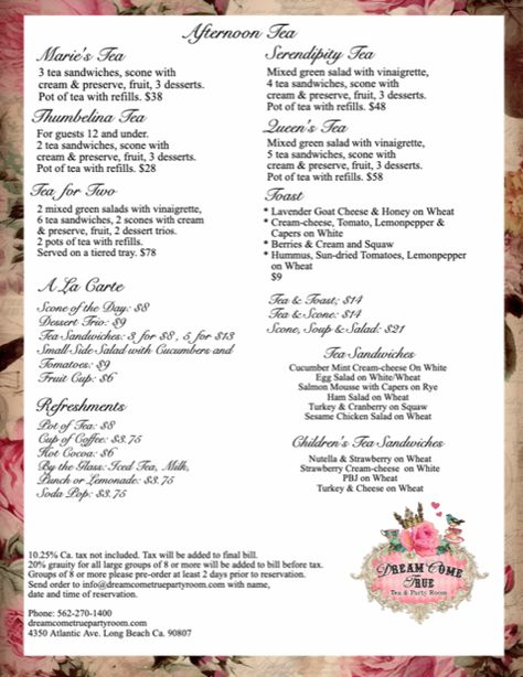 Tea Menu - Dream Come True Party Room Tea Shop Menu Ideas, Tea Party To Do List, Tea Room Menu Ideas, Tea Time Trivia, Tea Room Ideas, Poetry Tea Time Themes, Dessert Pots, Kids Night Out, Vintage Tea Rooms