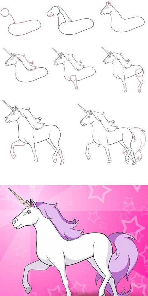 step-by-step-diy-tutorial-unicorn-drawing-easy-in-eight-steps-colored-in-purple-and-pink Unicorn Drawing Easy, Unicorn Art Drawing, Draw A Unicorn, Unicorn Sketch, Unicorn Painting, Mythical Beasts, Unicorn Drawing, Drawing Lessons For Kids, Unicorn Illustration