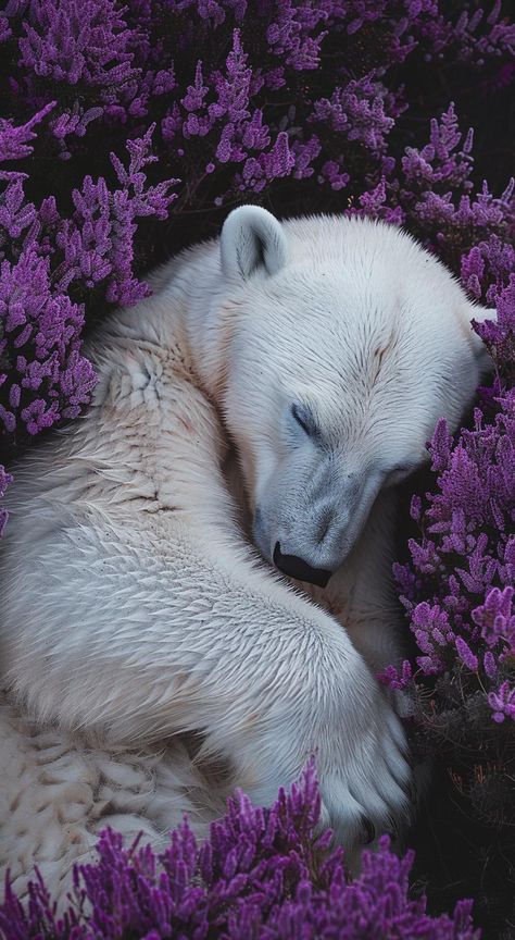 Sleeping polar bear among vibrant purple flowers, showcasing nature's beauty and harmony. Polar Bear Photography, Scene Highlights, Polar Bear Painting, Arctic Wildlife, Monkey Species, Bear Habitat, Pygmy Marmoset, Animals Aesthetic, Arctic Landscape