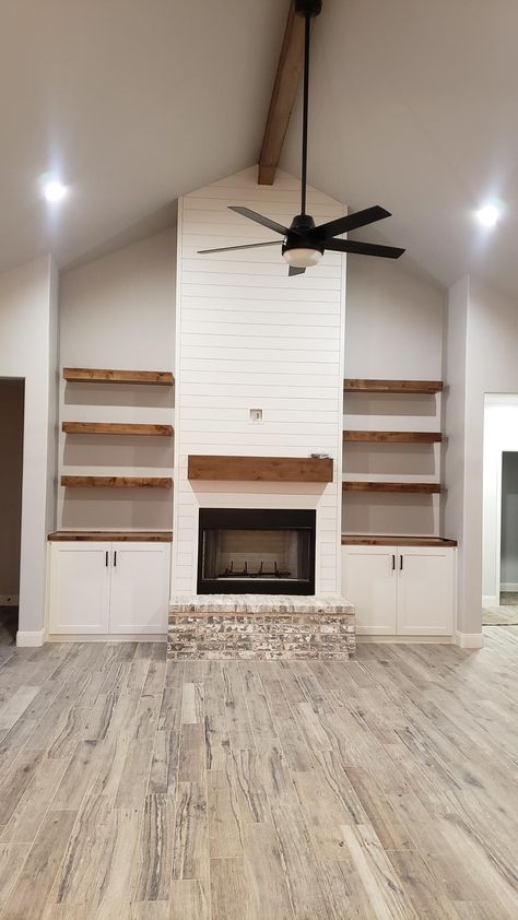 Cozy Living Rooms Vaulted Ceiling, Two Story Fireplace Ideas Shiplap, Farmhouse Living Room Tall Ceilings, Brick Wall Inside House, Vaulted Fireplace Ideas, Built In With High Ceiling, Vaulted Fireplace With Built Ins, Built Ins Around Fireplace Vaulted Ceiling, Fireplace Ideas With Cathedral Ceilings