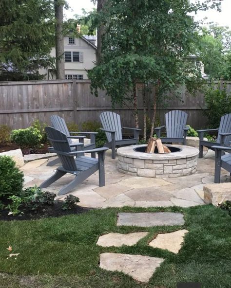 Paver Path To Fire Pit, Corner Firepits Backyard Ideas, Backyard Fire Pit With Pavers, Outdoor Fire Pit Pavers, Stone Patio And Fire Pit, Stepping Stone Fire Pit Area, Fire Pit With Landscaping, Paving Stone Fire Pit Area, Slate Fire Pit Area