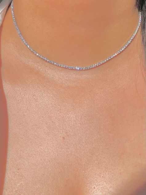 Micro Tennis Necklace, Swarovski Necklace Choker, Faux Diamond Necklace, Aesthetic Diamond Necklace, Classy Diamond Necklace, Dimond Neckless Silver, Silver Necklaces Simple Classy, Short Diamond Necklace, Sparkly Silver Necklace