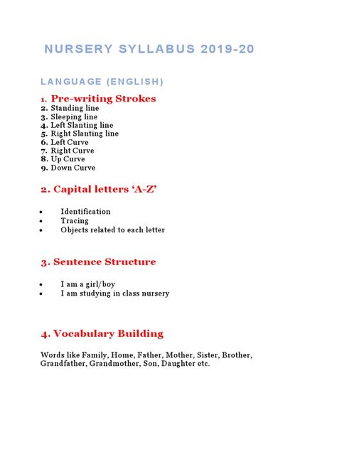 Nursery Syllabus, Displaying Family Pictures, General Awareness, Animal Flashcards, Welcome Card, Heavy And Light, Word Building, Sentence Structure, Vocabulary Building