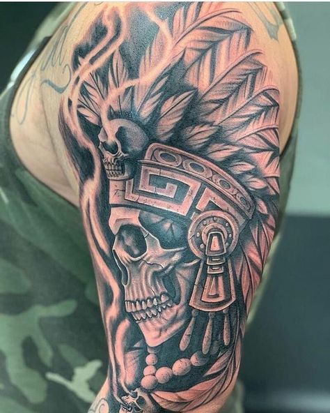 Mexican Tattoo Sleeve, Mexican Tattoo Ideas, Indian Skull Tattoos, Aztec Warrior Tattoo, Aztec Tattoos Sleeve, Warrior Tattoo Sleeve, Chicanas Tattoo, Mayan Tattoos, Aztec Tattoos