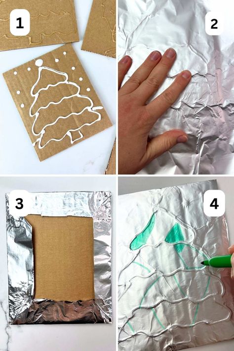 Learn how to make fun tin foil art. Elementary kids will love making a colorful Christmas tree art project! Follow us for more Christmas craft ideas! Tinfoil Art Kids, Diy Foil Art, Crafts With Aluminum Foil, Science Christmas Tree, Tin Foil Art For Kids, Foil Art Projects, Christmas Art Projects For Elementary, Easy Christmas Art Projects, Christmas Elementary Art