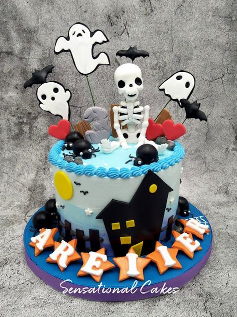 The Sensational Cakes: Haunted house Skeleton, Ghost, bats cream birthday children creepy theme birthday cake #singaporecake #hauntedcake #ghostcake #gravecake #skeletoncake Skeleton Cake Birthday, Bat Birthday Cake, Ghost Cake Birthday, Skeleton Birthday Cake, Ghost Birthday Cake, Halloween Smash Cake, Skeleton Cake, Horror Cake, Scary Cakes