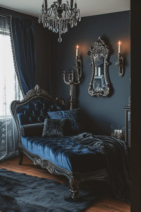 Whimsy Goth Bedroom 2 Dark Blue Gothic Bedroom, Blue And Purple Home Decor, Blue Aesthetic Bedroom Decor, Gothic Blue Bedroom, Blue Whimsical Bedroom, Blue Goth Bedroom, Gothic Victorian Bedroom Aesthetic, Blue Whimsigoth Bedroom, Blue Goth Room