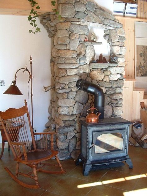 Tile Behind Wood Stove, Wood Stove Surround, Fish Tiles, Freestanding Fireplace, Stone Masonry, Pellet Stove, River Stones, Project Photo, Home Reno