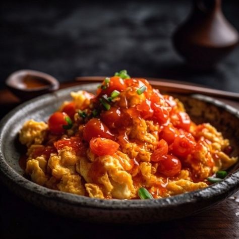 Chinese style stir-fried tomatoes with scrambled eggs Tomato Egg Chinese, Egg And Tomato, Tomato Egg, Fried Tomatoes, Chinese Stir Fry, Asian Recipe, Scrambled Eggs, Egg Recipes, Stir Fry