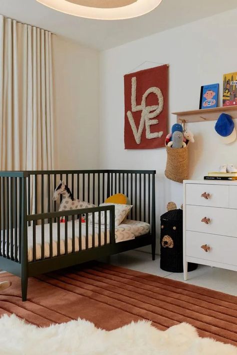 Post Modern Nursery, Nursery Maximalist, Fun Nursery Ideas, Primary Color Nursery, 70s Nursery, Funky Nursery, Playful Nursery, Bold Nursery, Removable Wallpaper Nursery