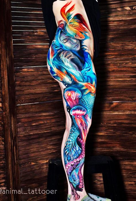 Color Tattoos Men, Full Color Tattoo Design, Bright Tattoos For Women, Bright Colorful Tattoos, Tattoos Mermaid, Mermaid Sleeve Tattoos, Mermaid Scales Tattoo, Underwater Tattoo, Back Of Leg Tattoos