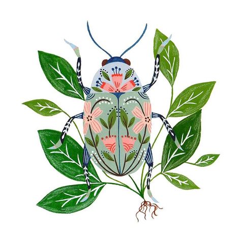 Floral folk-art beetle illustration/painting/print....Flora Waycott (@florawaycott) on Instagram: “A beetle in lush surroundings ” Flora Waycott, Beetle Illustration, Acryla Gouache, Scandinavian Folk Art, Pola Sulam, Insect Art, A Bug, Arte Inspo, Arte Sketchbook