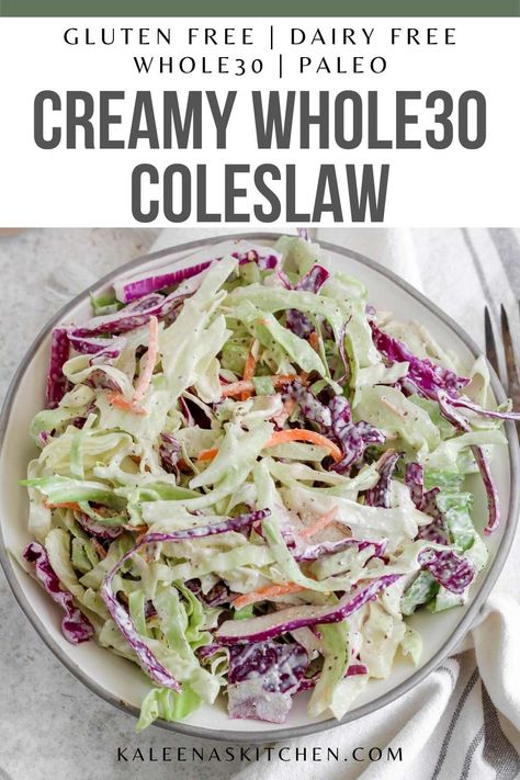 This healthy coleslaw recipe has a classic coleslaw flavor but is Whole30, Paleo, dairy free, gluten free, and free from added sugars. Sugar Free Coleslaw Recipe, Dairy Free Coleslaw, Whole30 Coleslaw, Paleo Coleslaw, Creamy Coleslaw Dressing, Healthy Coleslaw Recipes, Primal Living, Healthy Coleslaw, Coleslaw Recipe Easy