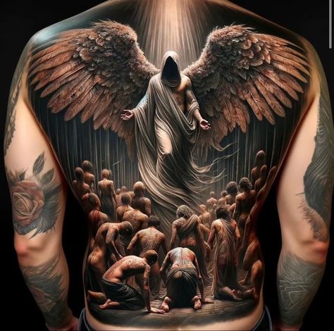 Tattoo Espalda Hombre, Chest Tattoo Writing, Angel Demon Tattoo, Angel Back Tattoo, Archangel Michael Tattoo, Forearm Cover Up Tattoos, 천사와 악마, Archangel Tattoo, Heaven Tattoos