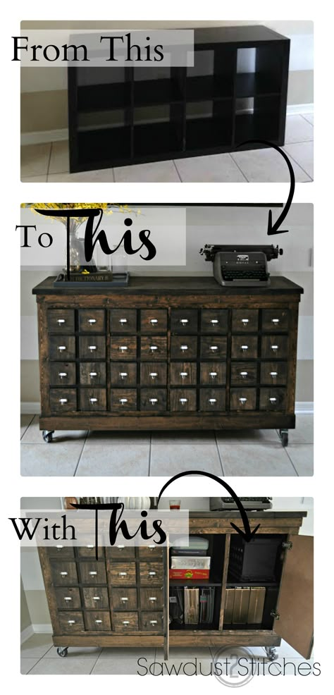 Turn an Ikea shelf into an apothecary style cabinet. sawdust2stitches -- now THIS is an IKEA Hack!!!! Ikea Cubbies, Ikea Bookshelf, Diy Ikea Hacks, Ikea Hackers, Rustic Storage, Furniture Hacks, Ikea Diy, Ikea Furniture, Ikea Hacks