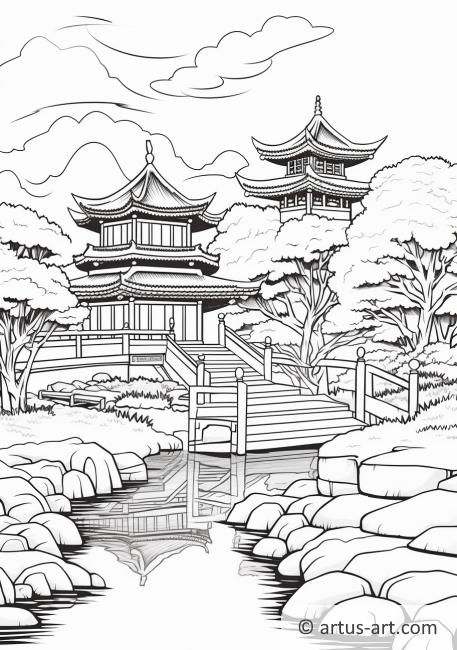 Chinese House Drawing, Asian Coloring Pages, Chinese Coloring Pages, Temple Tattoo, Garden Coloring Pages, Gardens Coloring Book, Adult Coloring Books Printables, Online Coloring Pages, Art Japonais