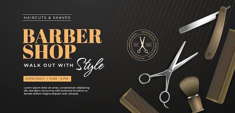 Free vector realistic barbershop horizon... | Free Vector #Freepik #freevector #barbershop-banner #barber-banner #barber-shop #salon-barber-shop Barber Shop Banner Design, Hair Salon Banner Design, Barber Shop Names, Barber Shop Pictures, Mens Barbershop, Shop Banner Design, Flex Banner Design, Shop Pictures, Linkedin Background