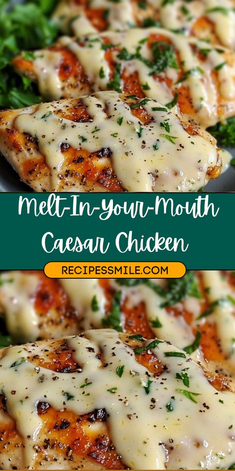 This Melt-In-Your-Mouth Caesar Chicken recipe is the perfect combination of creamy, flavorful, and tender. Coated in a rich Caesar dressing sauce with Parmesan cheese and sour cream, the chicken breasts come out perfectly baked, golden, and delicious. It's an easy-to-make, comforting dish that's ideal for busy weeknights. With just a few simple ingredients, this Caesar chicken will melt in your mouth with every bite, becoming a family favorite in no time. Creamy Chicken Tenders, Caesar Chicken Recipe, Chicken Caesar Casserole, Cesar Chicken Baked, Chicken Caesar Bake, Ceased Chicken, Melt In Your Mouth Caesar Chicken, Caesar Chicken Baked, Ceaser Chicken Breast Recipes