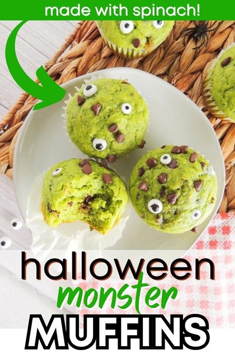 Three Halloween monster muffins on a white plate, with a text overlay that says the recipe name and "made with spinach." Pumpkin Spinach Muffins, Monster Muffins, Good Morning Monster Book, Spinach Banana Muffins Toddler, Green Monster Muffins, Green Monster Smoothie Recipe, Dairy Free Baby, Spinach Muffins, Halloween Breakfast