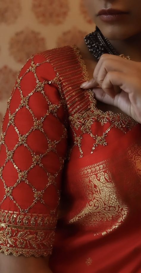 Chex Blouse Design Work, Simple Thread Works For Blouses, Bottle Green Work Blouse Designs, Wedding Blouse Work Designs Pattu, Work On Golden Blouse, Duppata Work Design, Regular Blouse Designs, Zardozi Embroidery Blouse Designs, Red Aari Work Blouse Designs