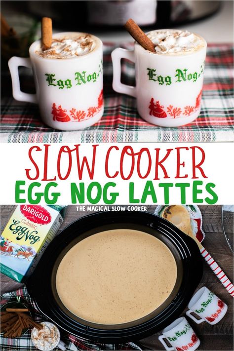 Love eggnog? Make this big batch of Slow Cooker Eggnog Lattes for your next holiday party. Slow Cooker Drinks, Crockpot Drinks, Eggnog Drinks, Eggnog Latte, Hot Drinks Recipes, The Magical Slow Cooker, Eggnog Recipe, Egg Nog, Xmas Food