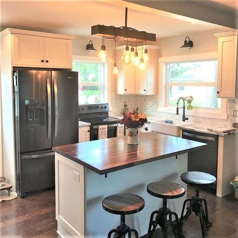 Distressed Kitchen, Kitchen Island Chandelier, Kitchen Remodel Idea, Kitchen Layout, Vintage Modern, Kitchen Space, Diy Kitchen, Home Decor Kitchen, Kitchen Countertops