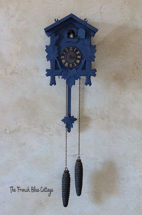 Painting a cuckoo clock gives it a fresh, updated look. Paint took an old, broken item and turned it into a fun piece of art. #paint #cuckoo Cucu Clock, Clock Makeover, Wood Rocking Horse, Grandfather Clocks, Blue Chalk Paint, Glass Dolls, Cuckoo Clocks, Clock Tattoo Design, Cottage Painting